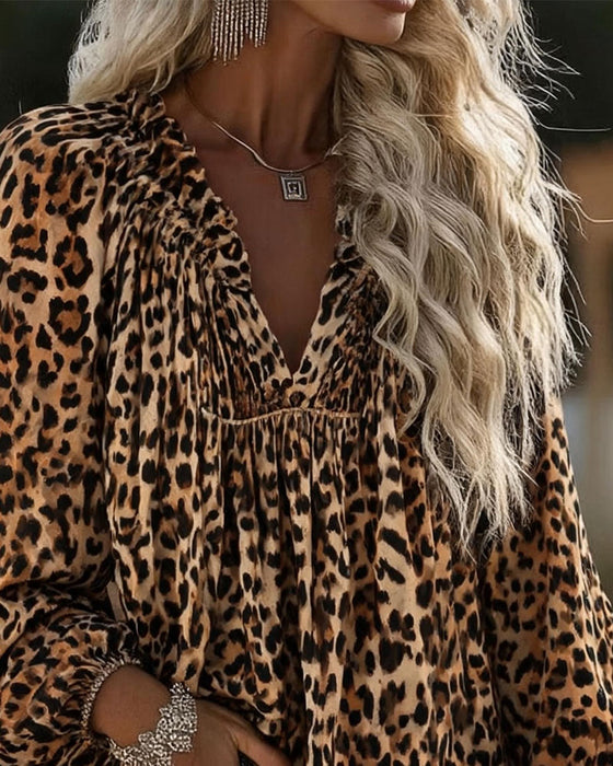 Bluse V-Hals Leopard Tryk Rynket Puffærme