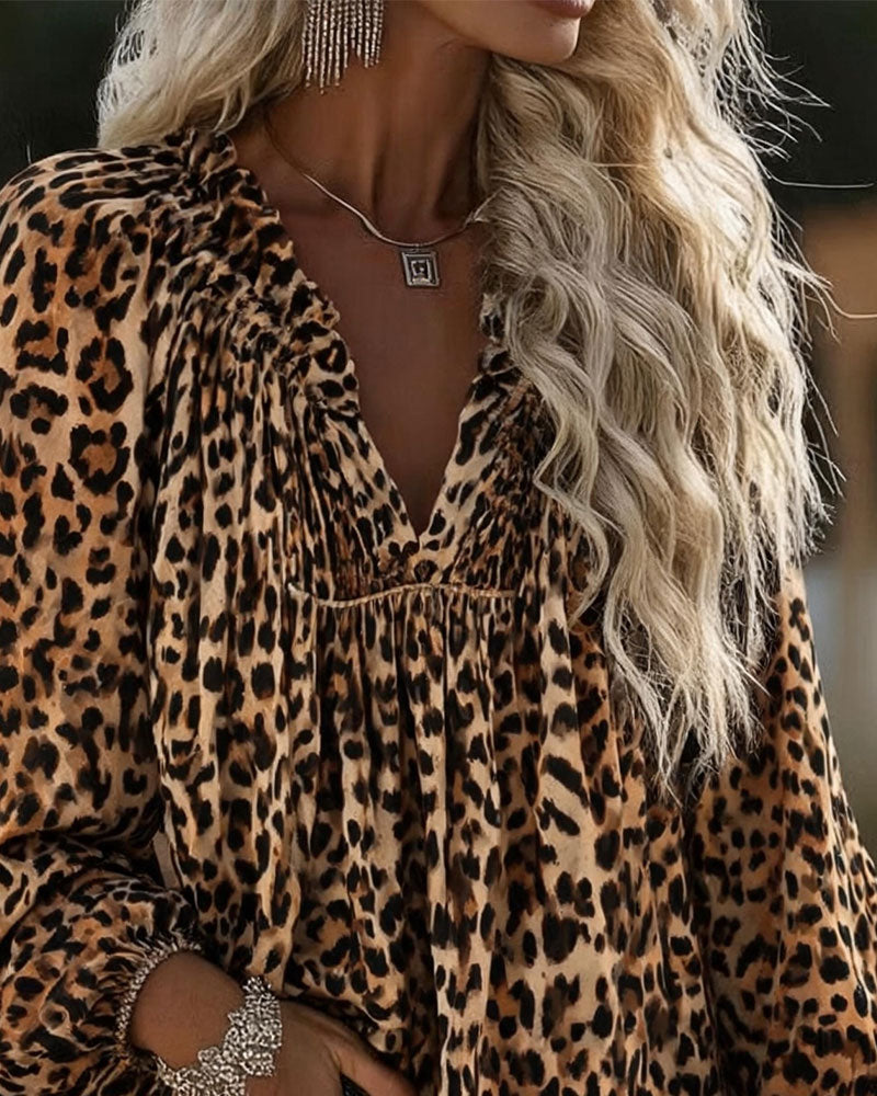 Bluse V-Hals Leopard Tryk Rynket Puffærme