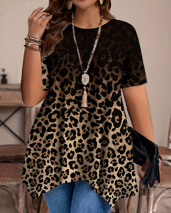 T-Shirt Gradient Leopard Tryk Asymmetrisk
