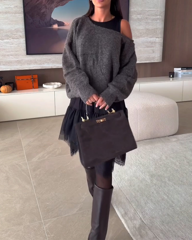 Off-Shoulder Løstsiddende Sweater & Blonder Kant Kjole