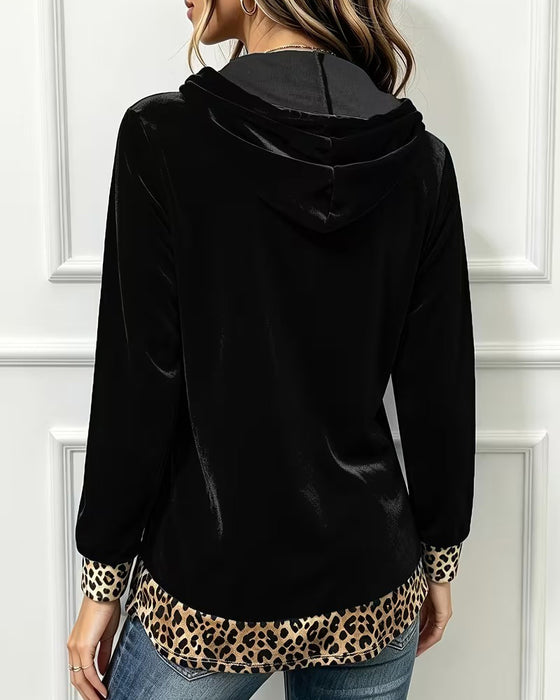 Sweatshirt Leopard Tryk Paneleret Halv Lynlås Med Hætte