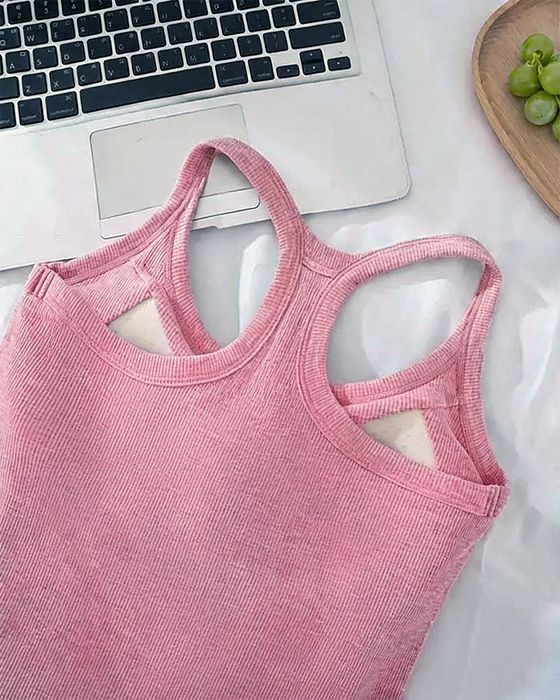 Tanktop Indbygget Bh Ribstrikket Ensfarvet
