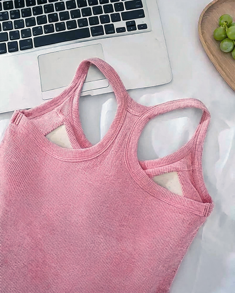 Tanktop Indbygget Bh Ribstrikket Ensfarvet
