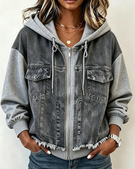 Frakke Denim Patchwork Med Hætte Sweatshirt