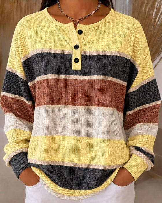 Sweatshirt Rund Hals Knappet Kontrast Stribet
