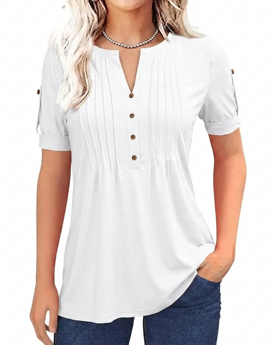 T-Shirt Plisseret Henley Kort Ærme