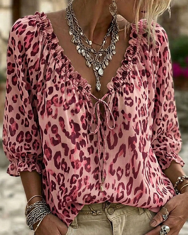 Bluse Leopardmønster V-Hals Puffærme Snøring