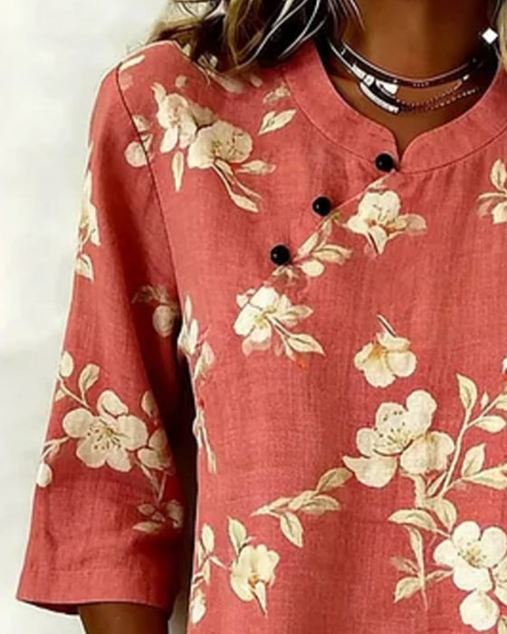Bluse Blomstertryk Sideknap 3/4-Ærme