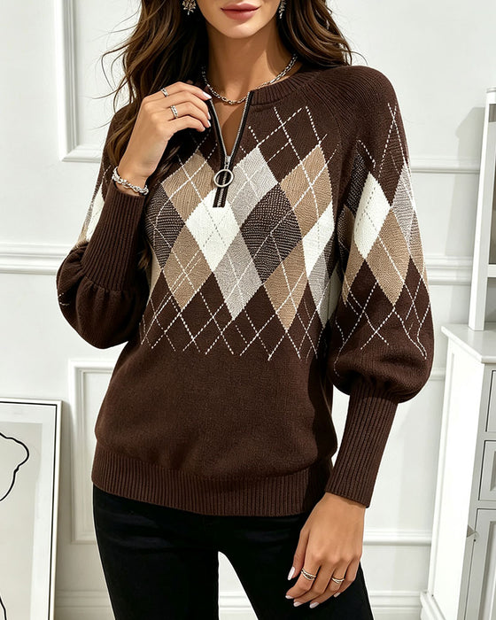 Pullover Rutemønster Jacquard Halv-Zip Lygte Ærme