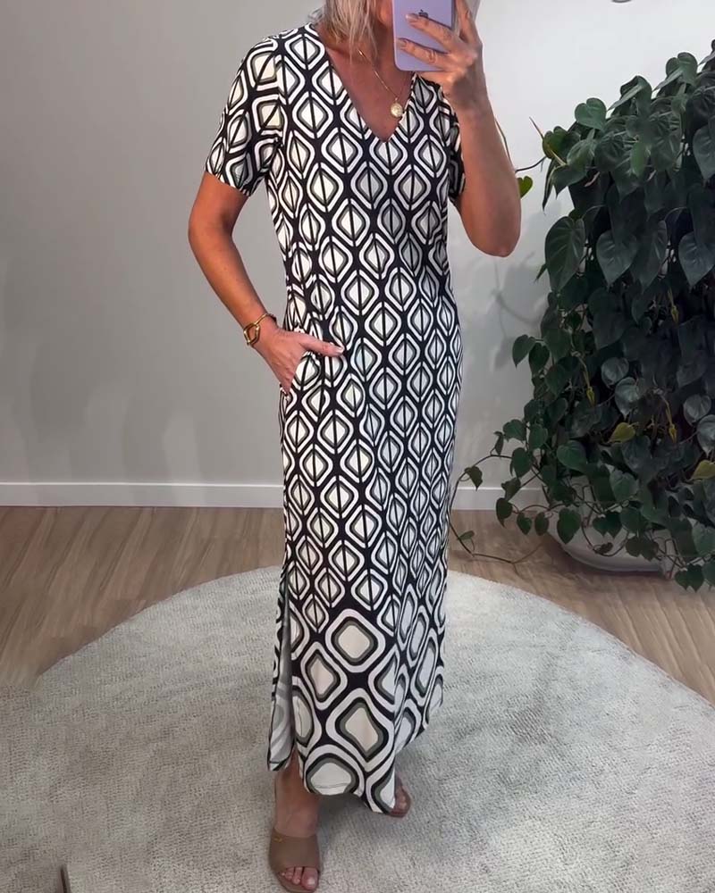 Kjole V-Hals Geometrisk Kortærmed