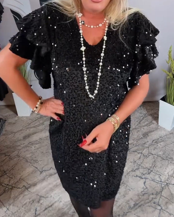 Kjole V-Hals Rufle Ærme Fløjl Glimmer