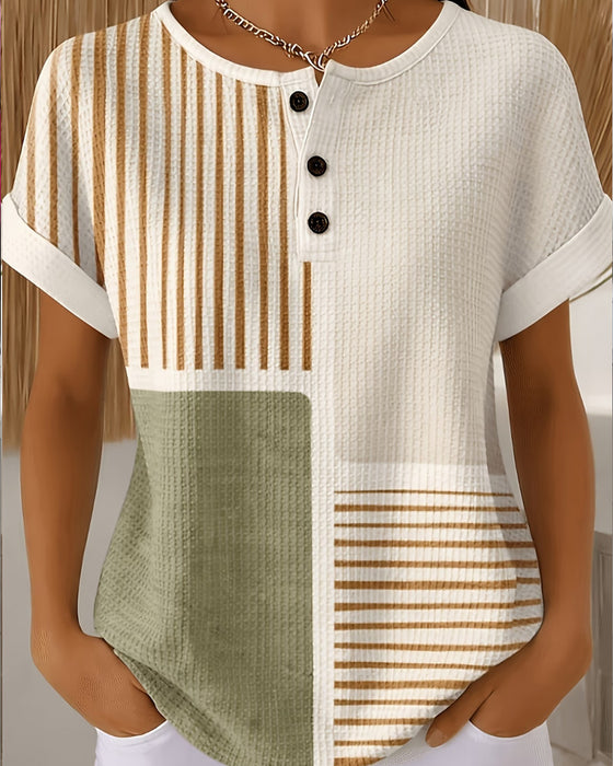 Bluse Med Rundhals, Knapper, Striber, Kontrastfarver
