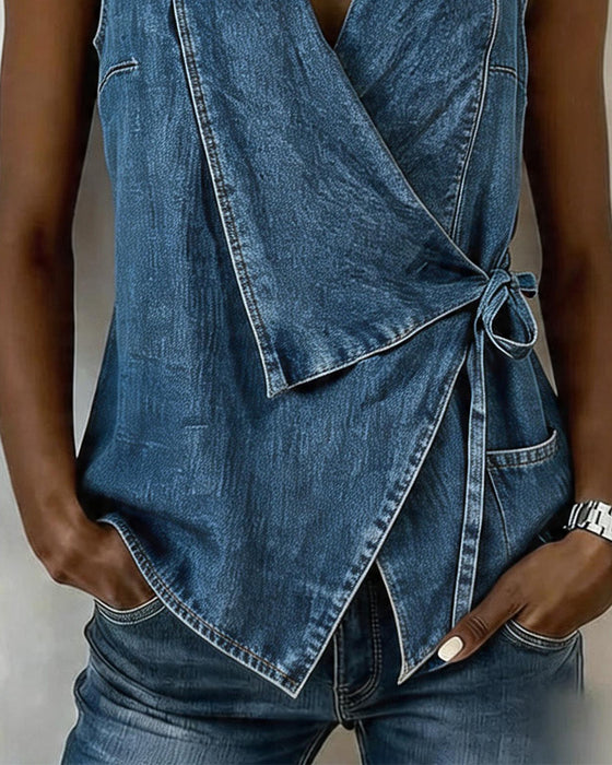 Top Vintage Denim Ærmeløs Viklet