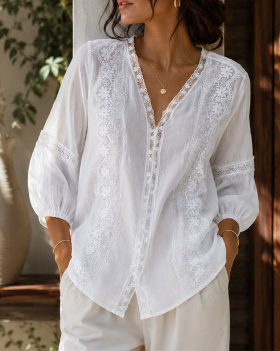 Bluse V-Hals Enfarvet