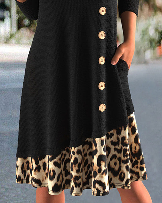 Kjole V-Hals Leopard Kryds Patchwork