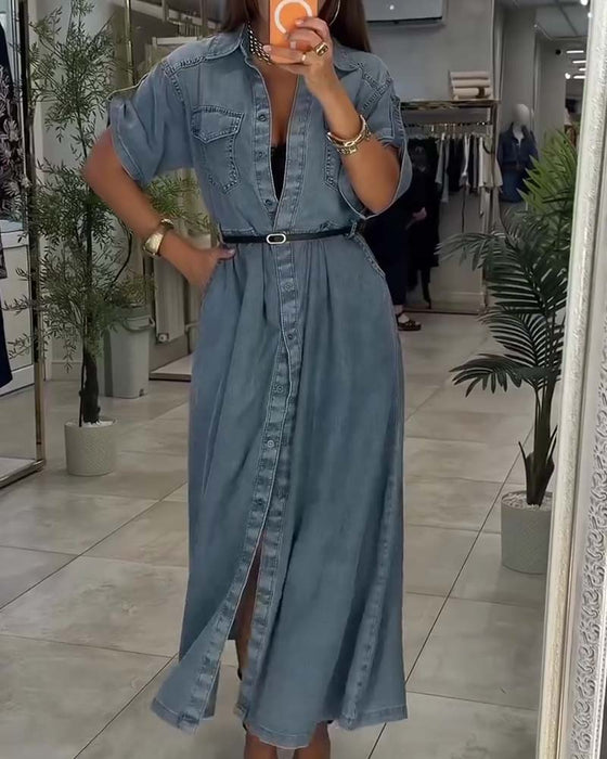 Kjole Skjorte Krave Lomme Knap Denim