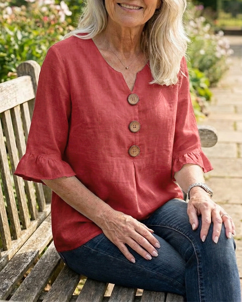 Bluser Ensfarvet Bomuld-Hør Træknapper Rynker