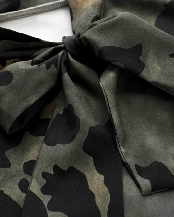 Bluse Camouflage Leopard Tryk Tørklæde Bind Pufærm