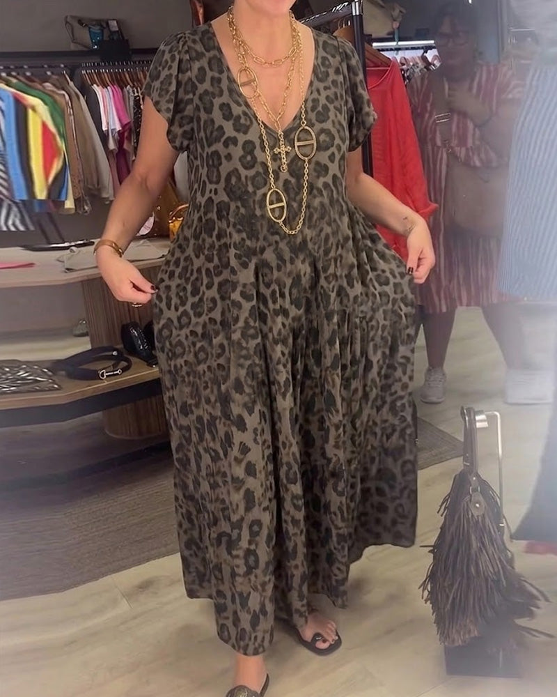 Kjole V-Hals Leopard Kort Ærme