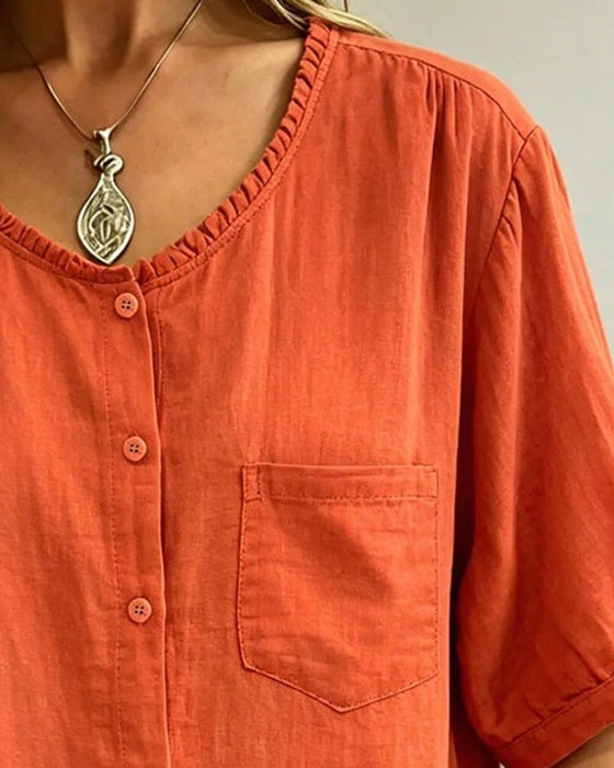 Bluse Ruffle Trim Knap Lomme