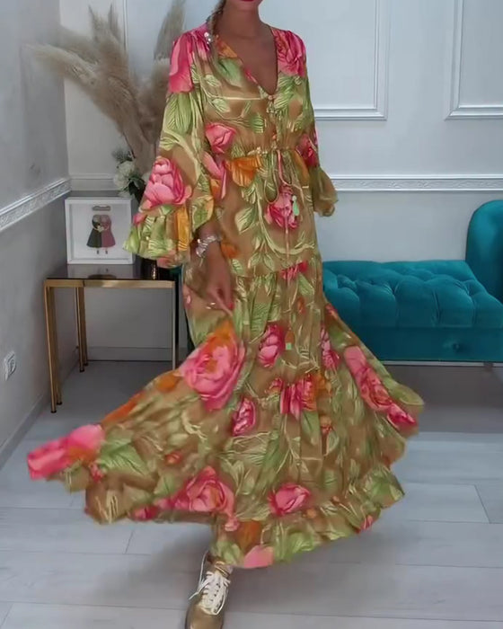 Kjole V-Hals Fuld Nederdel Blomstret