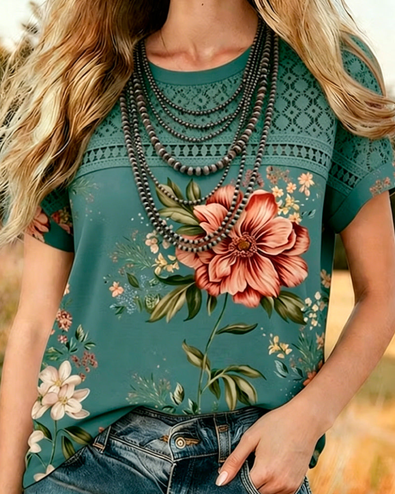 T-Shirt Udskæring Patchwork Kort Ærme