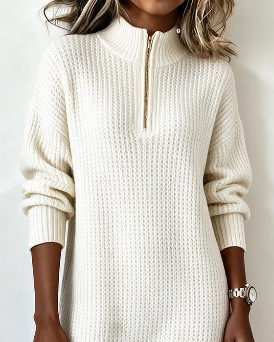 Strikkjole Halv-Zip Turtleneck Ensfarvet