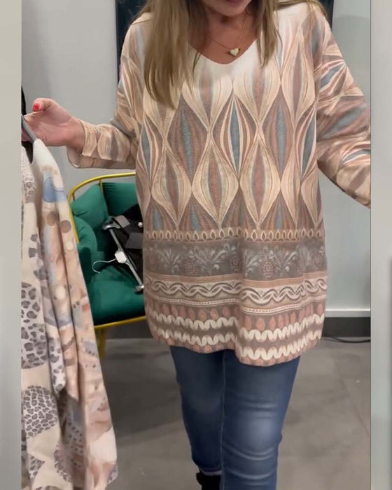 Topp Geometrisk Diamanttryk Langærmet V-Hals