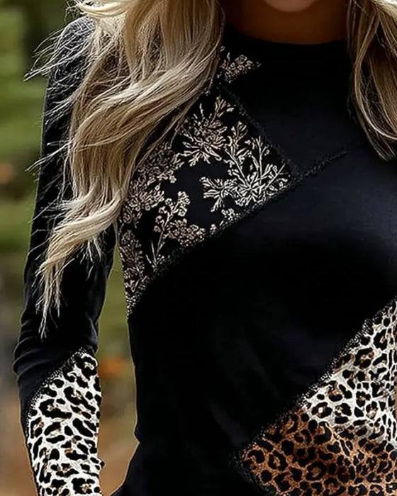 Top Rund Hals Leopard Patchwork Lang Ærme