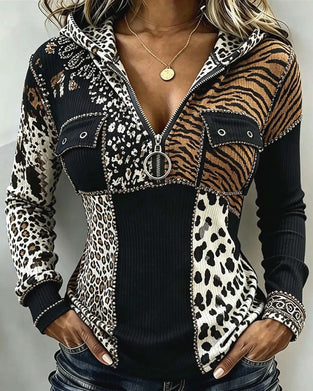 Top Leopard Patchwork Halv Lynlås Hætte