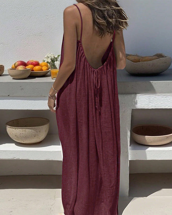 Kjole Ensfarvet Rys Bagløs Spaghettibælte Maxi