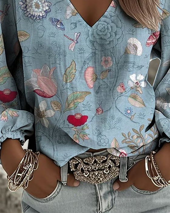 Bluse Med Blomster- Og Insektprint Puffærmer