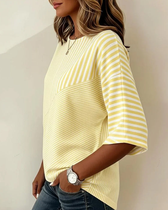 T-Shirt Stribet Rund Hals Farveblok