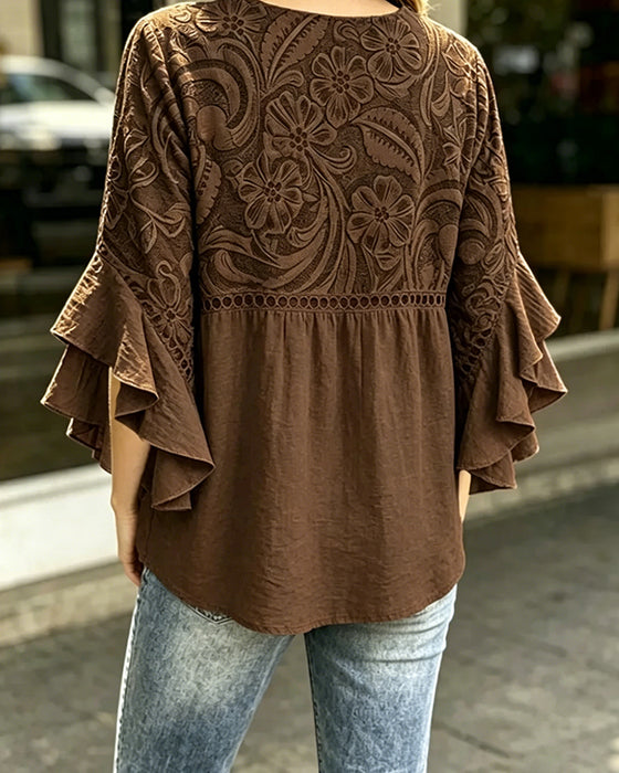Bluse Vintage Blomstret Tryk Asymmetrisk Rynke Ærme