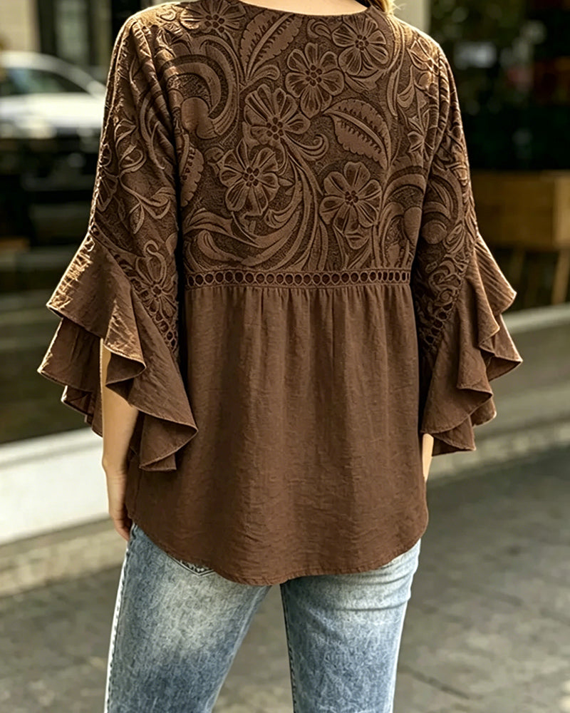 Bluse Vintage Blomstret Tryk Asymmetrisk Rynke Ærme