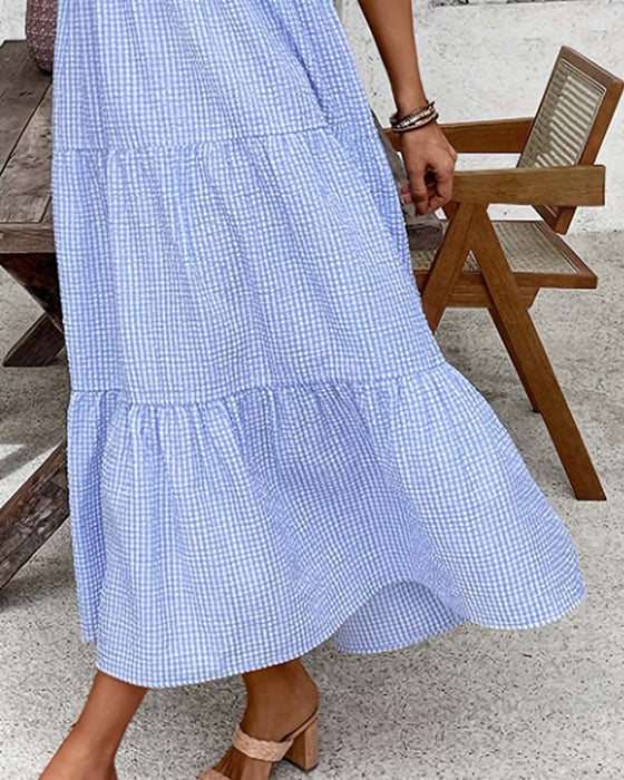 Kjole Blå Hvid Gingham V-Hals