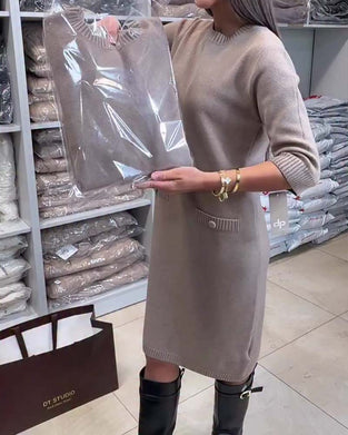 Sweater Kjole Rund Hals Albuelang Ærme