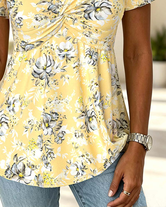 T-Shirt V-Hals Twist Blomstrende Kort Ærme