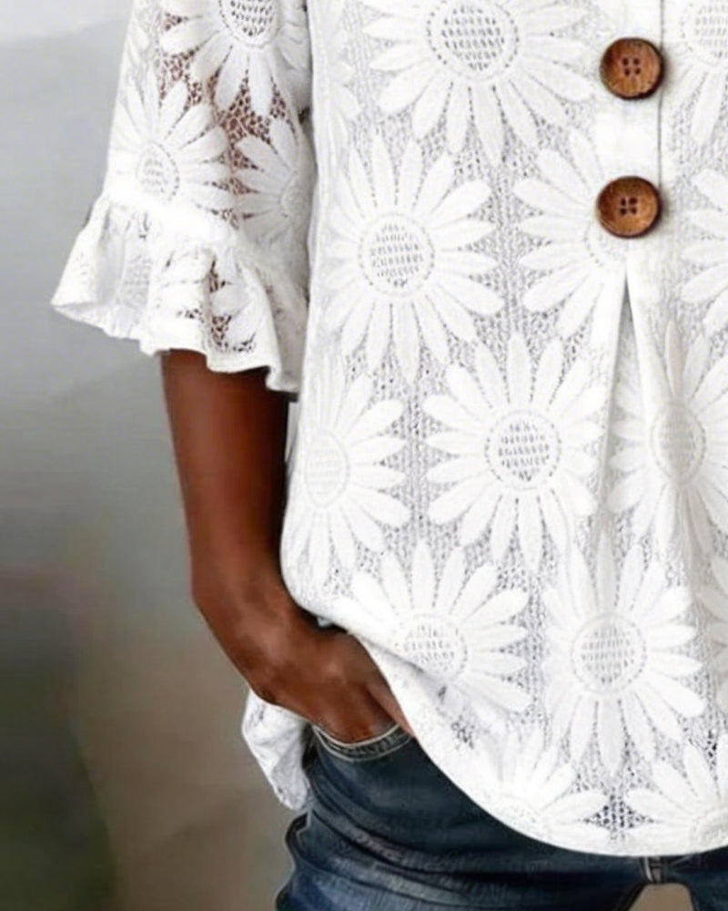 Bluse Med Rynket Tusindfrydmønster Og Rynkeærmer