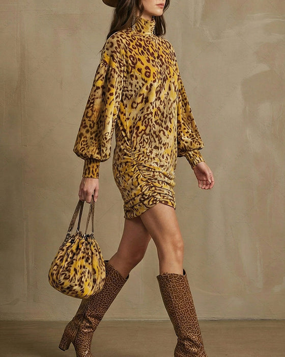 Kjole Høj Hals Leopard Lanterne Ærme Elegant