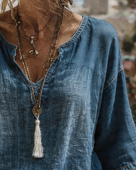 Top V-Hals Denim Halv Ærme