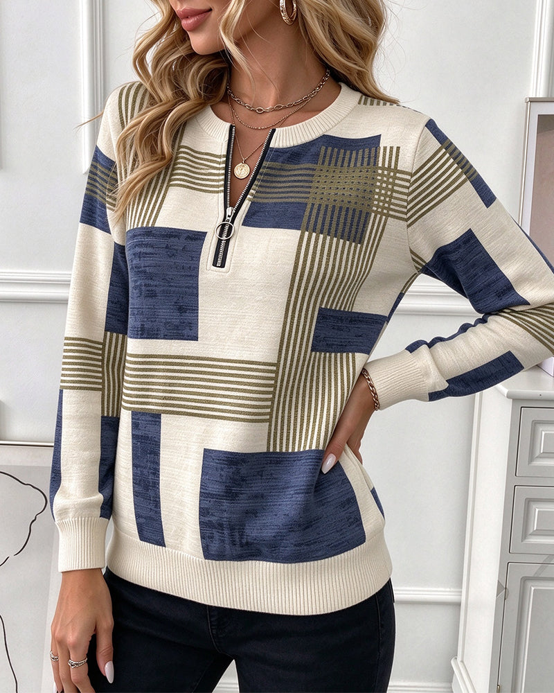 Sweatshirt Rund Hals Geometrisk Halv Lynlås Strikket