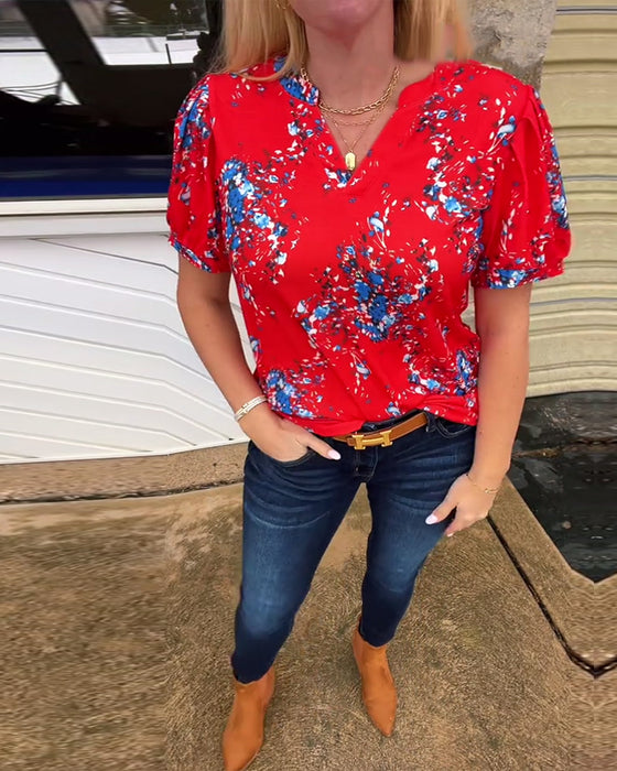 T-Shirt V-Hals Blomsterprint Korte Ærmer