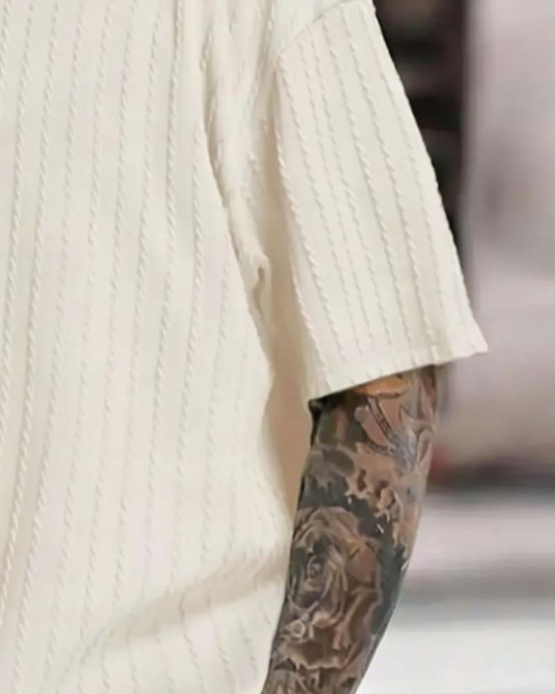 Herres Striberet T-Shirt Og Shorts Toedelt Set