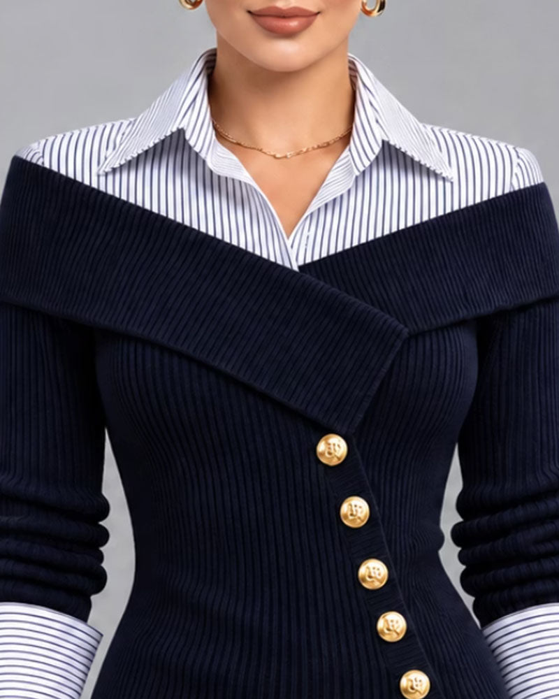 Faux-Layered Look Stribet Patchwork-Bluse