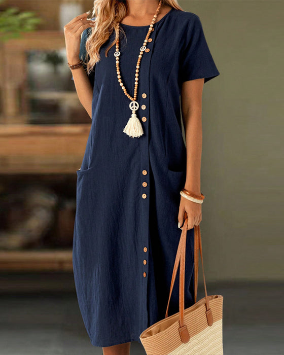 Kjole Knappet Kortærmet Lomme Shift