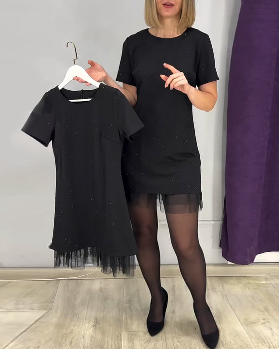 Kortærmet Rhinestone Patchwork Kjole