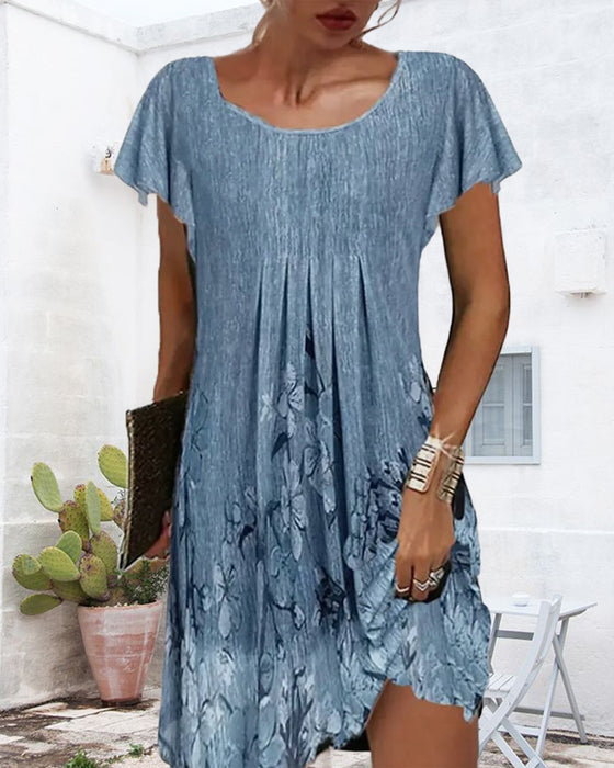 Kjole Rynkede Ærmer Trykt