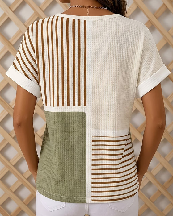 Bluse Med Rundhals, Knapper, Striber, Kontrastfarver