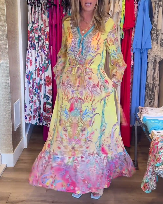 Langærmet resortkjole med print